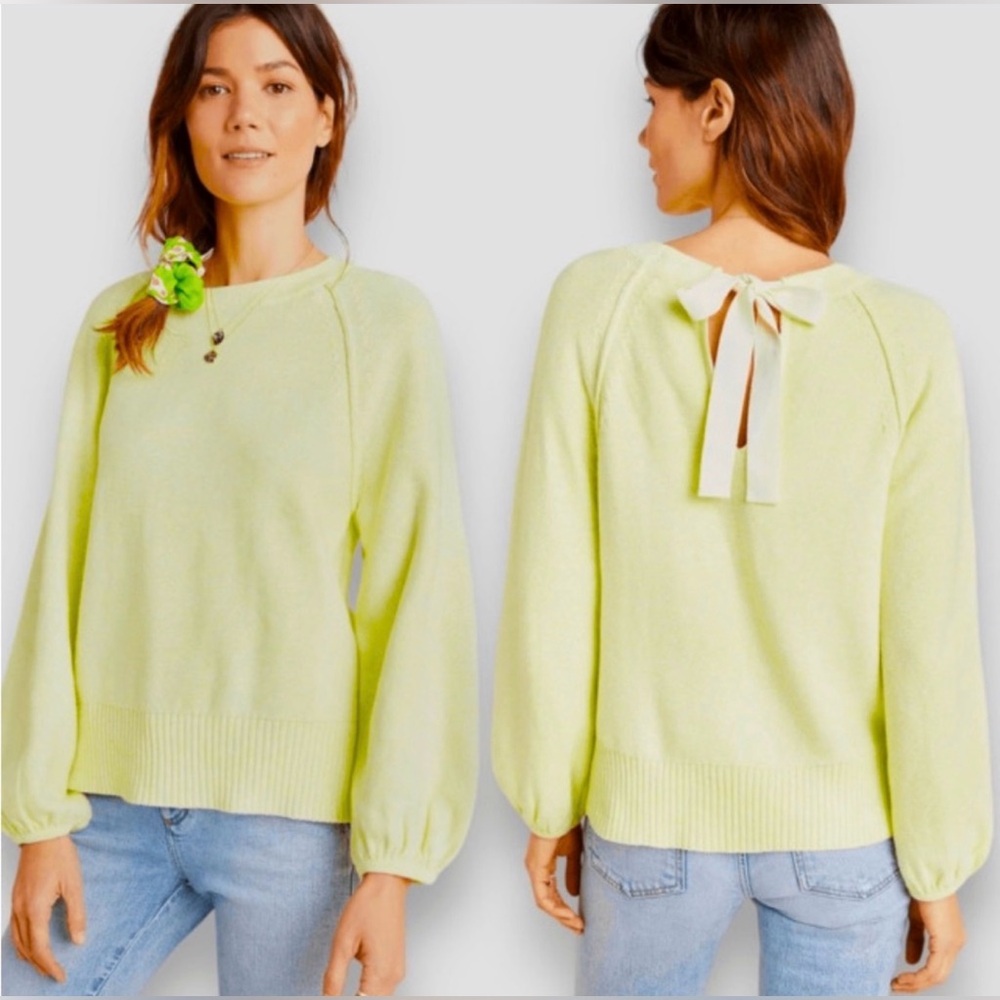 By ANTHROPOLOGIE Back Neck Tie Emily Puff Sleeve Knit Sweater- S